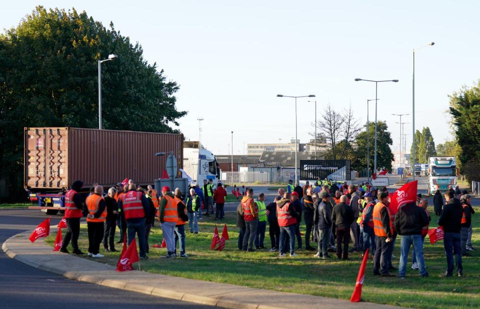 Members of the Unite union manned a picket line to coincide with a shift changeover time on Tuesday morning (Joe Giddens/PA) (PA Wire)