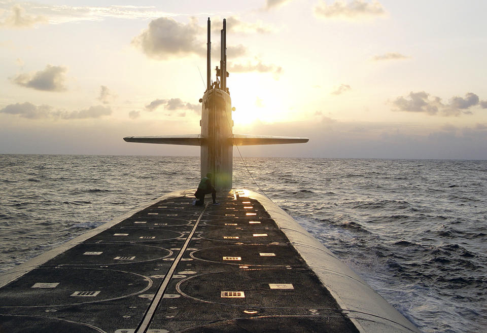 FILE - In this photo released by the U.S. Navy, the Ohio-class ballistic-missile submarine USS Wyoming approaches Naval Submarine Base Kings Bay, Ga., Jan. 9, 2008. A major United Nations meeting on the landmark nuclear Non-Proliferation Treaty is starting Monday, Aug. 1, 2022, after a long delay due to the COVID-19 pandemic, as Russia’s war in Ukraine has reanimated fears of nuclear confrontation and cranked up the urgency of trying reinforce the 50-year-old treaty. (Lt. Rebecca Rebarich/U.S. Navy via AP, File)