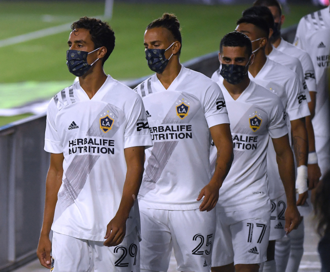 Ethan Zubak #29, Rolf Feltscher #25 and Sebastian Lletget #17 of Los Angeles Galaxy.