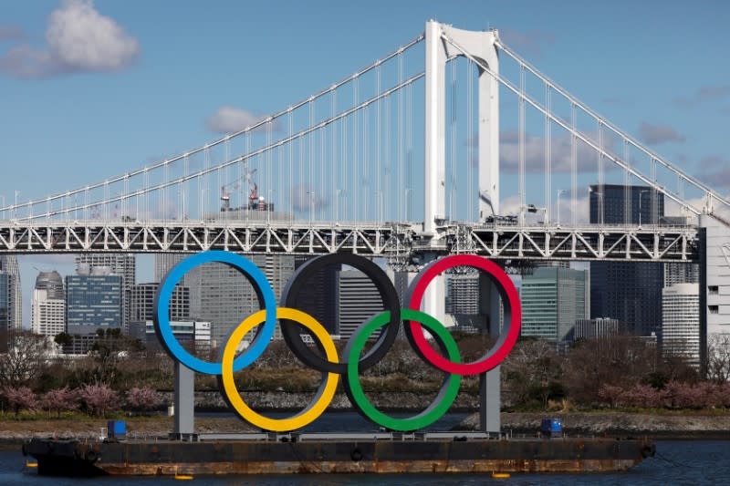 Giant Olympic rings are seen at the waterfront area at Odaiba Marine Park in Tokyo