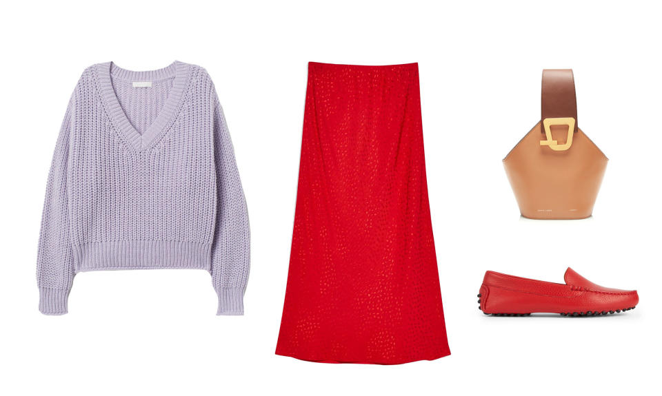 Clockwise left to right: H&M Ribbed Sweater, Topshop Teardrop Jacquard Satin Bias Skirt, Danse Lente Mini Johnny Leather Bucket Bag, M.Gemi the Felize loafers. (Photo: H&M, Topshop, Danse Lente, M.Gemi)