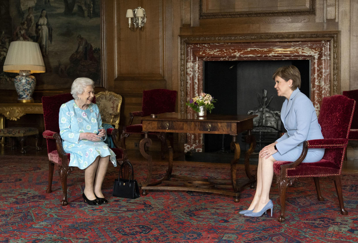 EDINBURGH, SCOTLAND - JUNE 29: Queen Elizabeth II receives First Minister of Scotland Nicola Sturgeon during an audience at the Palace of Holyroodhouse on June 29, 2021 in Edinburgh, Scotland.  The Queen is visiting Scotland for Royal Week between Monday 28th June and Thursday 1st July 2021. (Photo by Jane Barlow - WPA Pool/Getty Images)