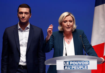 French far-right National Rally (Rassemblement National) party leader Marine Le Pen and Jordan Bardella, the head of the National Rally list for the European elections, attend the launching of their party campaign for the European elections in Paris, France, January 13, 2019. REUTERS/Christian Hartmann