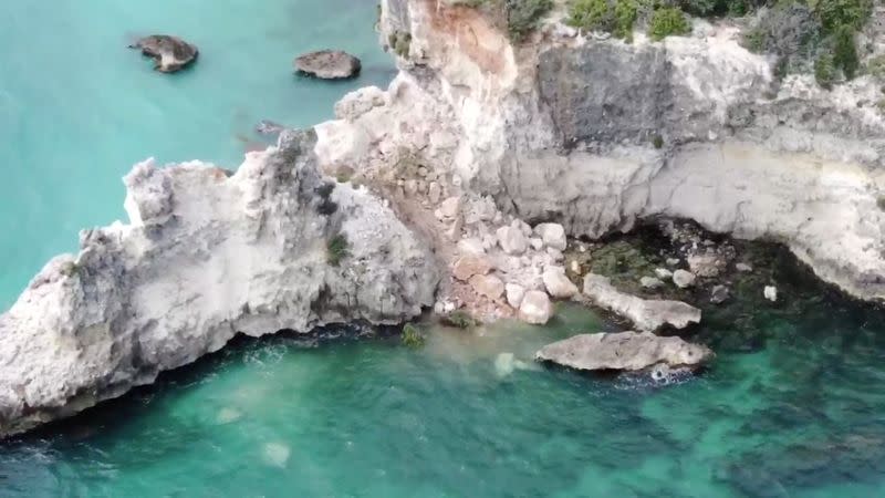 A screen grab taken from aerial footage shows damages left by the earthquake at Punta Ventana near Guayanilla