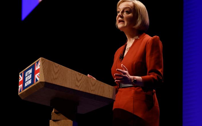 Liz Truss addresses Conservative Party conference in Birmingham this morning&nbsp; - Geoff Pugh for The Telegraph