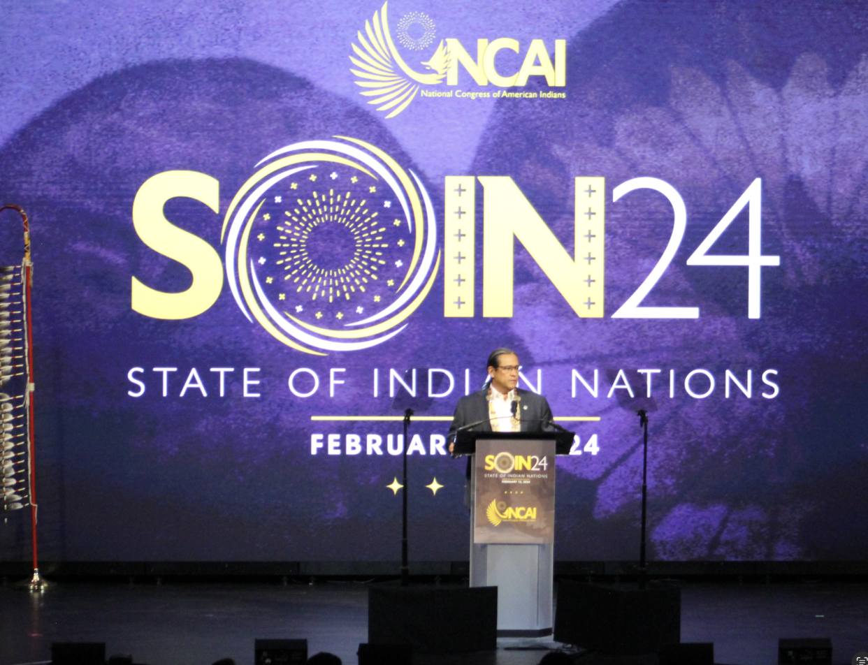 NCAI President Mark Macarro delivering the State of Indian Nations address on Monday. (Photo/Levi Rickert for Native News Online)