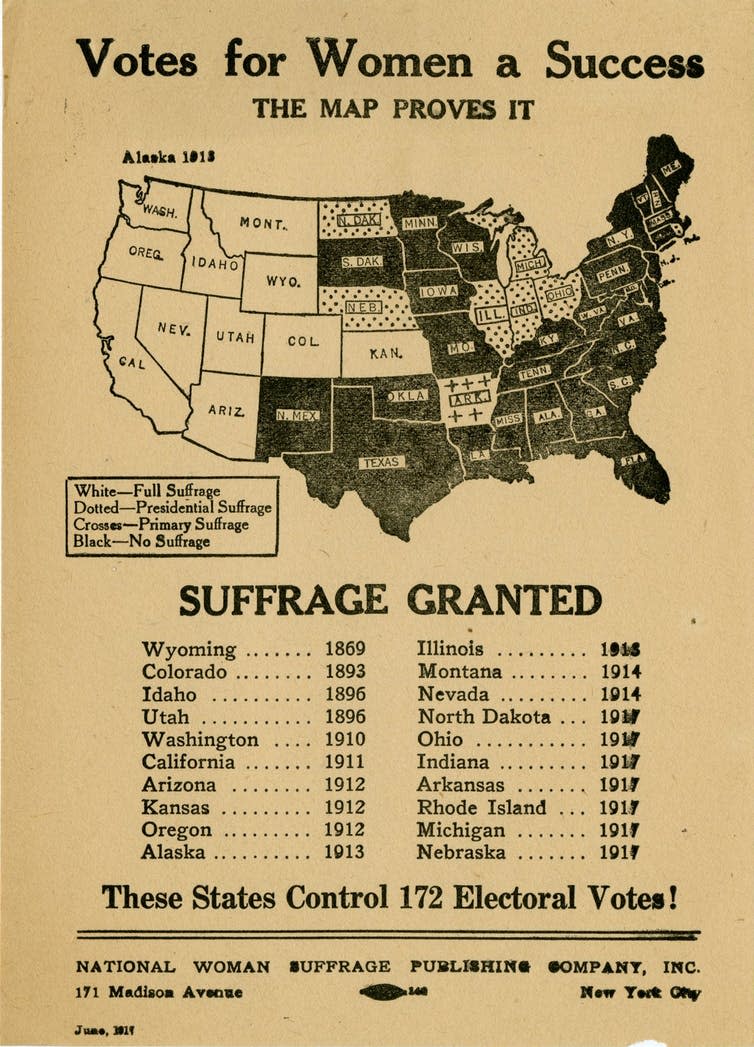 A map showing states where women had been granted the vote