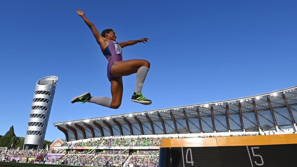 Britain's Jazmin Sawyers competes in the women's long jump final at the 2022 world championships. - Andrej Isakovic/AFP/Getty Images