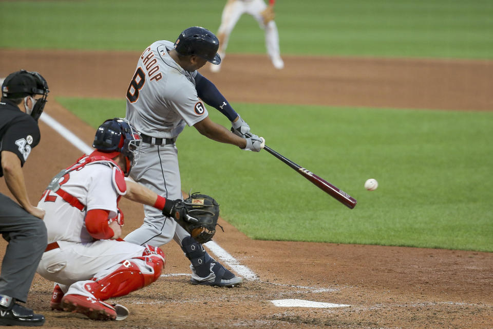 Detroit Tigers' Jonathan Schoop hits an RBI single during the seventh inning in the second game of the baseball team's doubleheader against the St. Louis Cardinals on Thursday, Sept. 10, 2020, in St. Louis. (AP Photo/Scott Kane)