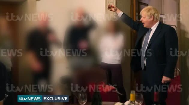 Boris Johnson makes a toast at Lee Cain's leaving party. (Photo: ITV)