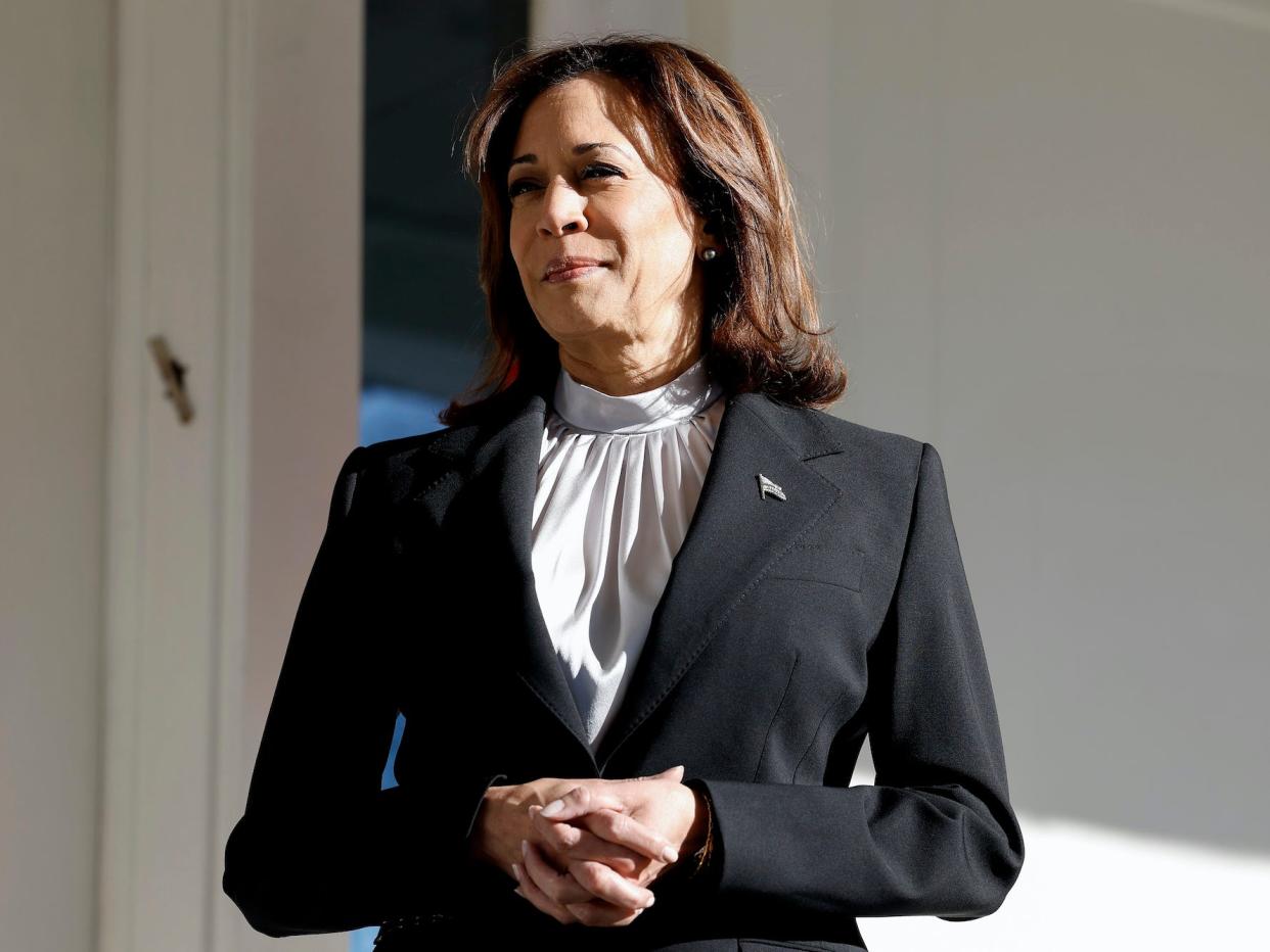 Vice President Kamala Harris listens as Japanese Prime Minister Fumio Kishida speaks to reporters before attending a breakfast at the Vice Presidents residence at the Naval Observatory on January 13, 2023 in Washington, DC.