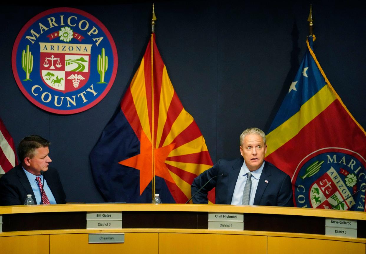 Clint Hickman, Maricopa County Board of Supervisors vice chairman, makes comments about the integrity of the 2022 election during the Maricopa County Board of Supervisors meeting in Phoenix on Nov. 16, 2022.