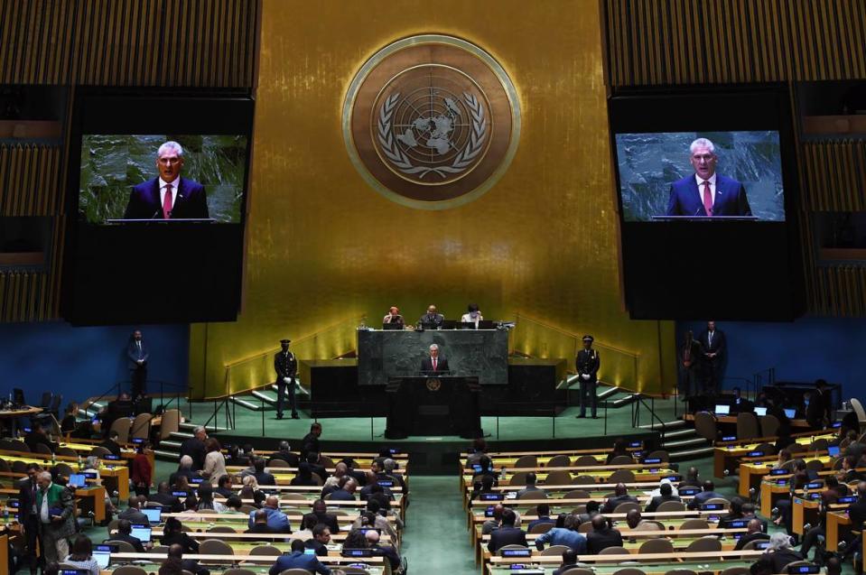 Cuban leadert Miguel Diaz-Canel Bermudez (at the podium and on the screens) delivers a speech at the General Debate of the 78th session of the UN General Assembly at the UN headquarters in New York, on Sept. 19, 2023.