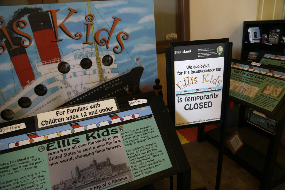 A kids exhibit at Ellis Island is temporarily closed in New York, Monday, Oct. 28, 2013. The island that ushered millions of immigrants into the United States received visitors Monday for the first time since Superstorm Sandy. Sandy swamped boilers and electrical systems and left the 27.5-acre island without power for months. (AP Photo/Seth Wenig)