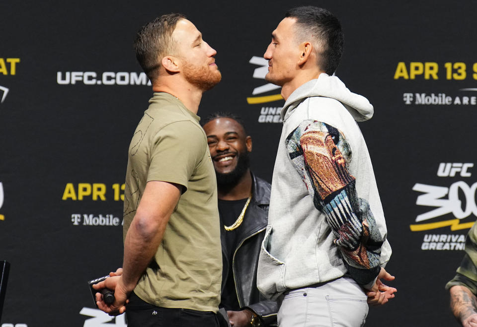 ANAHEIM, CALIFORNIA - FEBRUARY 16: (L-R) Opponents Justin Gaethje and Max Holloway face off during a UFC 300 Q&A at Honda Center on February 16, 2024 in Anaheim, California. (Photo by Chris Unger/Zuffa LLC via Getty Images)