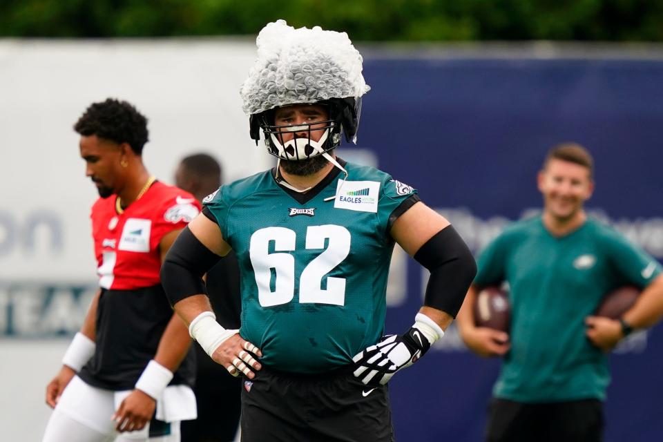 Philadelphia Eagles' Jason Kelce walks the field during training camp at the NFL football team's practice facility, Friday, July 29, 2022, in Philadelphia.