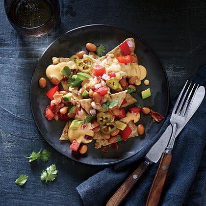 Cheesy Nachos with Pinto Bean Salsa and Pickled Jalapeños