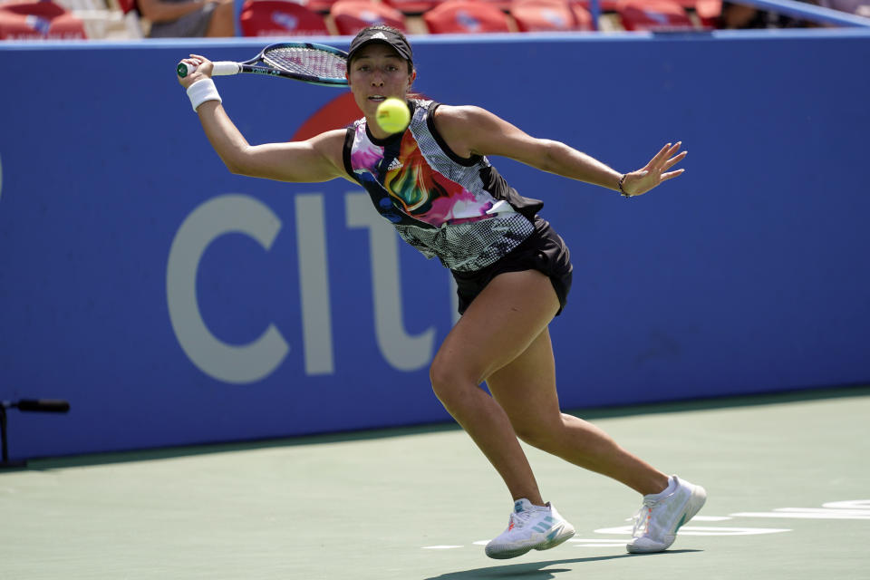 Jessica Pegula, of the United States, returns a shot during a match against Daria Saville, of Australia, at the Citi Open tennis tournament in Washington, Wednesday, Aug. 3, 2022. (AP Photo/Carolyn Kaster)