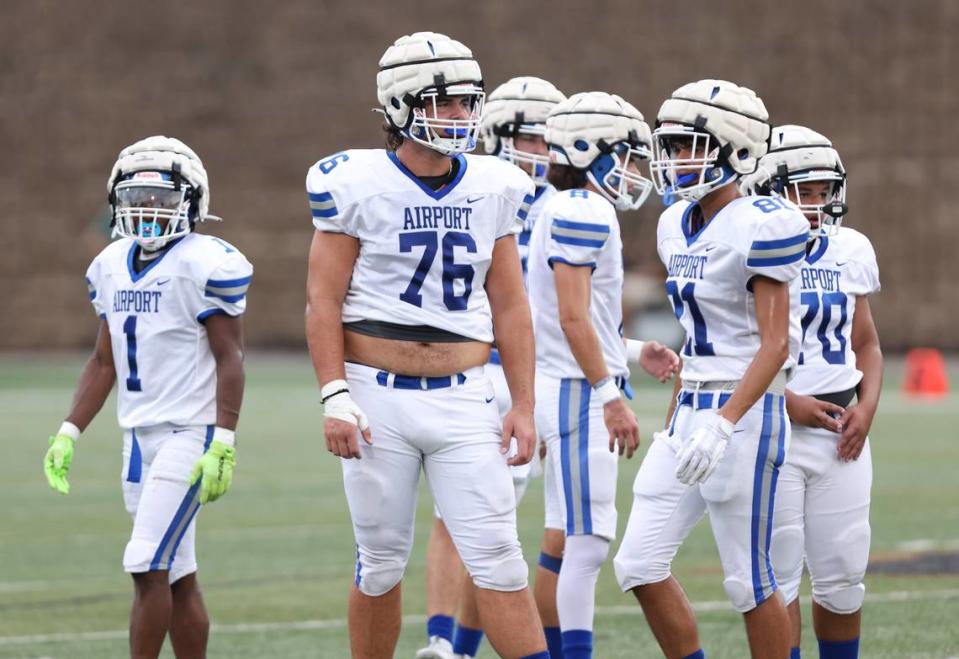 Airport’s Dylan Barbery stands with teammates during the Lexington One Sports-A-Rama Jamboree at River Bluff High School on on Friday, August 11, 2023.