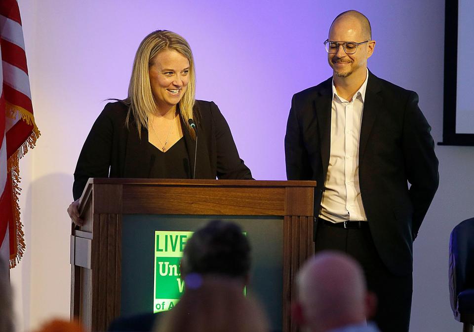 2024 campaign chairmen Kelly and Casey Cooke speak at the United Way of Ashland County's annual meeting Thursday, April 6, 2023 at Mount Vernon Estates. TOM E. PUSKAR/ASHLAND TIMES-GAZETTE