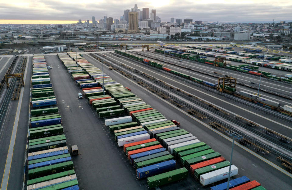 Shipping containers sit on chassis in a rail yard in Los Angeles, California.<span class="copyright">Mario Tama/Getty Images</span>