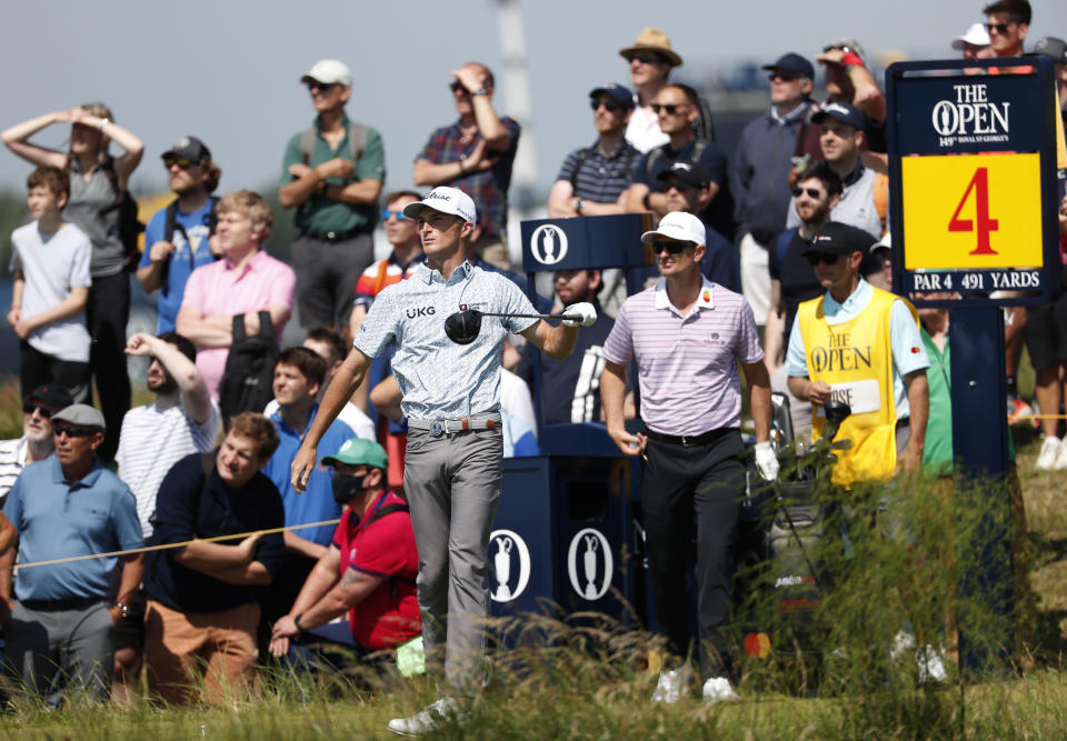 United States' Will Zalatoris reacts after playing his tee shot on the 4th during the first round British Open Golf Championship at Royal St George's golf course Sandwich, England, Thursday, July 15, 2021. (AP Photo/Peter Morrison)