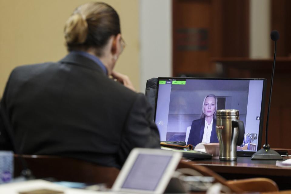 Model Kate Moss, a former girlfriend of actor Johnny Depp, testifies via video link at the Fairfax County Circuit Courthouse