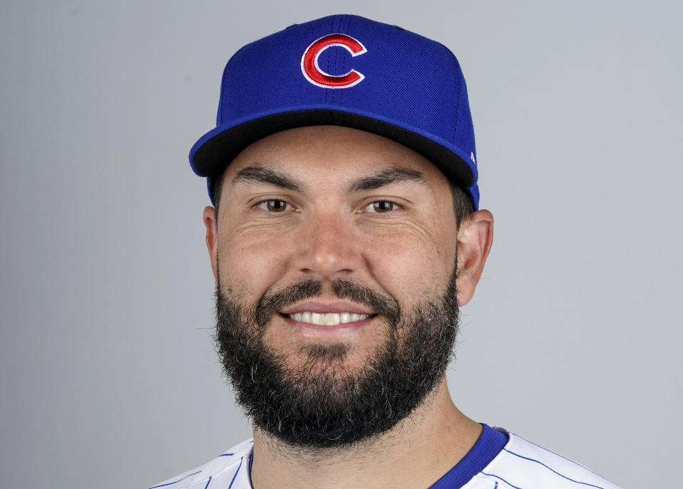FILE - Chicago Cubs' Eric Hosmer poses for a photo Feb. 3, 2023, in Mesa, Ariz. Hosmer announced his retirement from baseball Wednesday, Feb. 21, 2024, following a 13-year career that included winning four Gold Gloves and helping lead Kansas City to victory in the 2015 World Series.(AP Photo/Morry Gash, File)