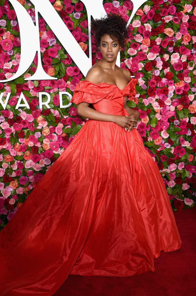 Of all the princess ball gowns we've seen on this red carpet, I'd humbly suggest that this one takes the cake. The crumple effect on the off-the-shoulder sleeves is just stunning.