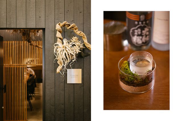 <p>Irwin Wong</p> From left: The entrance to Folklore, a bar in the Hibiya neighborhood; a drink made with sweet-potato shochu, vodka, white port, and Lillet Blanc at Folklore.