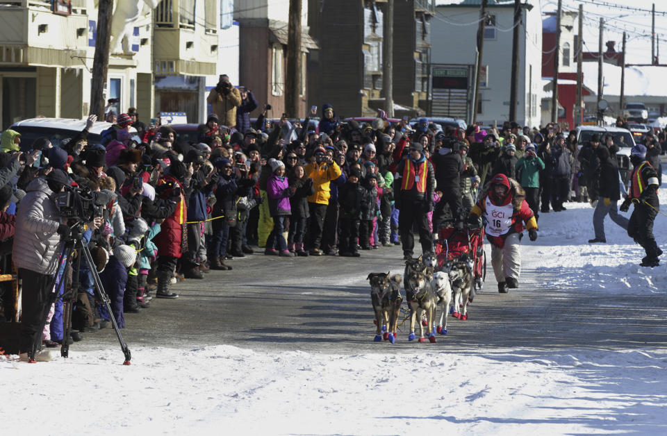 Mitch Seavey, of Sterling, Alaska, runs towards the finish line under the Burled Arch, winning the 1,000-mile Iditarod Trail Sled Dog Race, in Nome, Alaska, Tuesday, March 14, 2017. Seavey won his third Iditarod Trail Sled Dog Race on Tuesday, becoming the fastest and oldest champion at age 57 and helping cement his family's position as mushing royalty. (AP Photo/Diana Haecker)