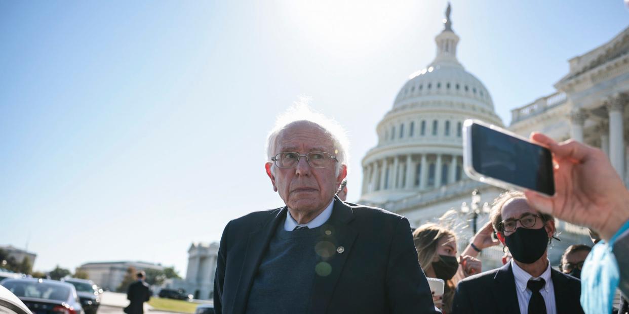 Independent Sen. Bernie Sanders of Vermont speaks with reporters as he leaves the US Capitol Building on October 21, 2021 in Washington, DC.