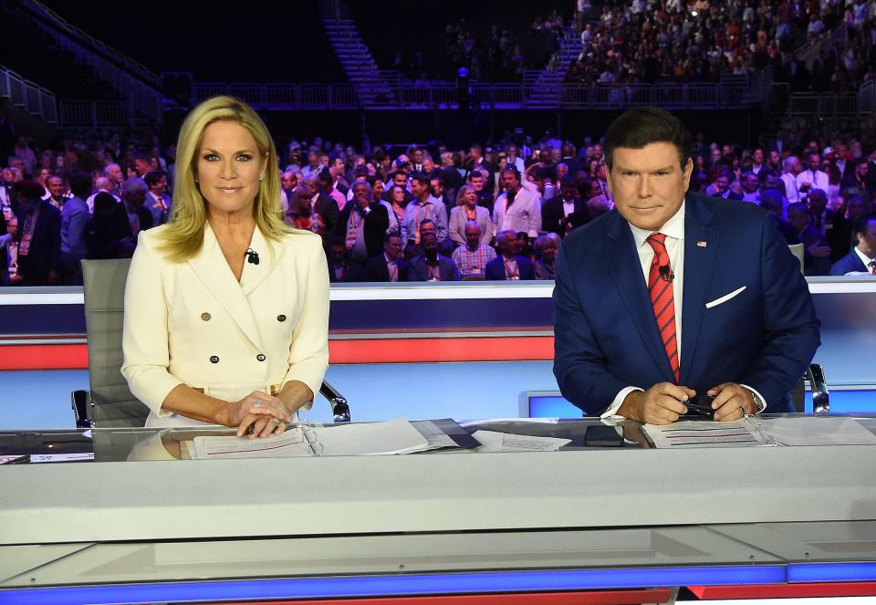 Martha MacCallum and Bret Baier host the first 2024 Republican Presidential Primary Debate on Fox News at the Fiserv Forum on August 23, 2023 in Milwaukee, Wisconsin.