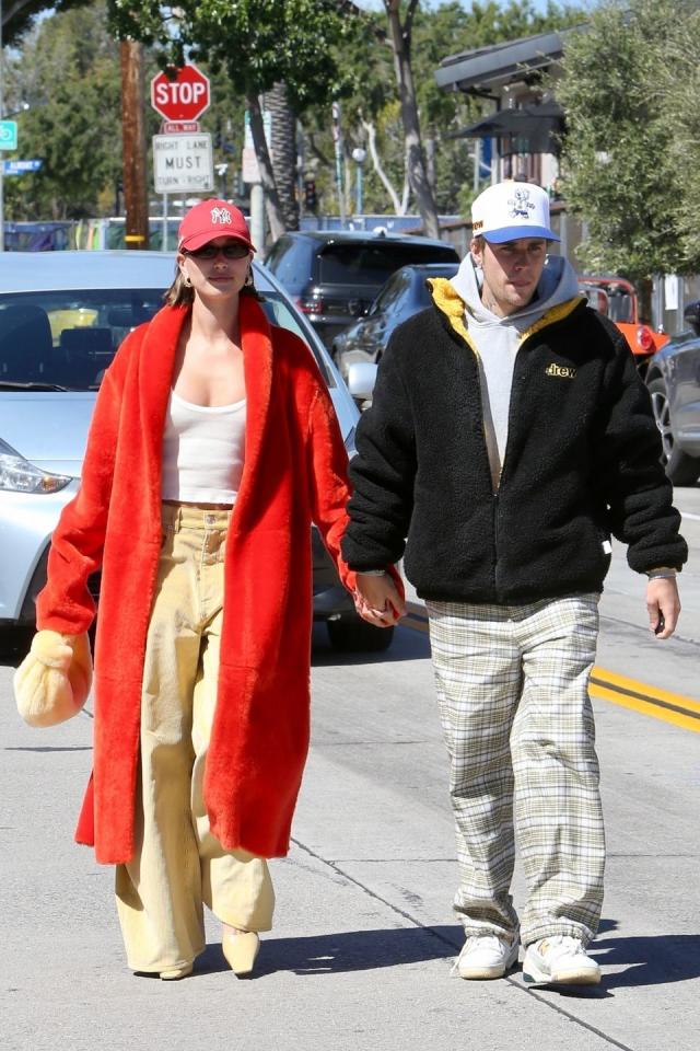 Justin and Hailey Bieber Coordinate in Leather Jackets at the US