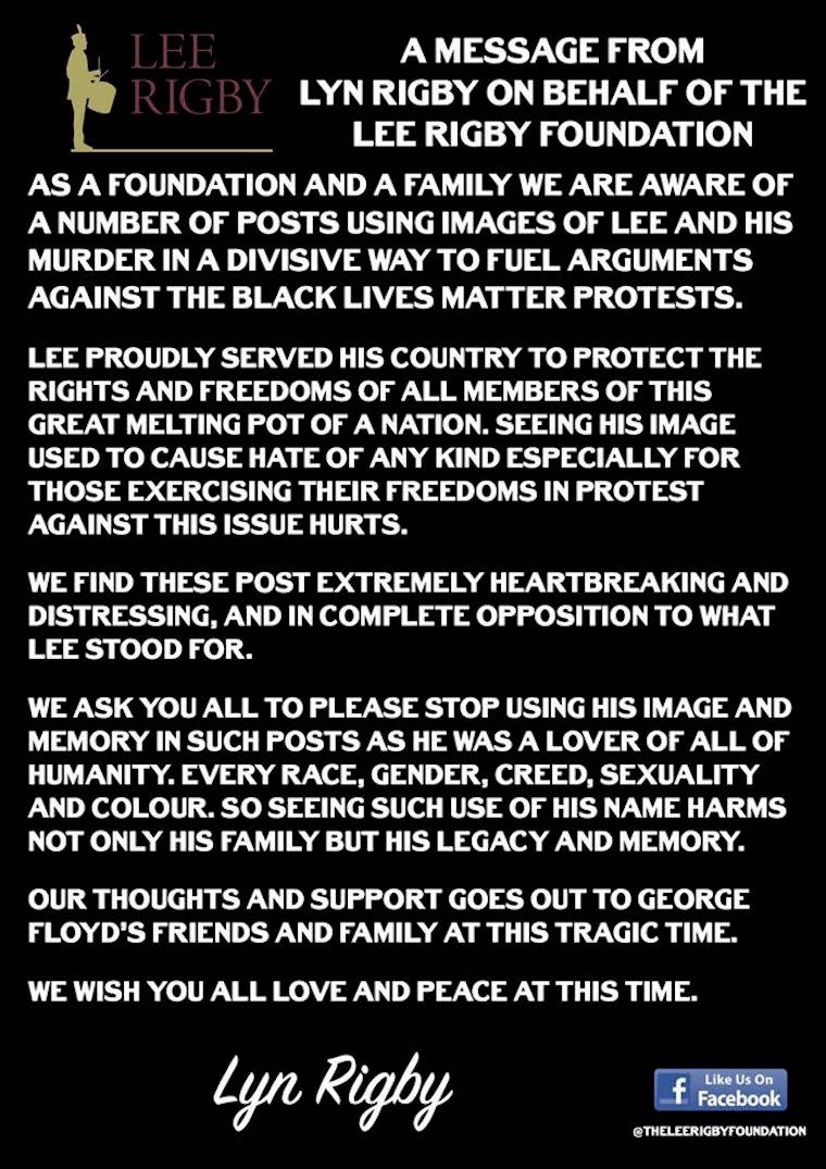 A Facebook post Lyn Rigby asking people not to use images of the murdered soldier in a 'divisive' way. (Lee Rigby Foundation)