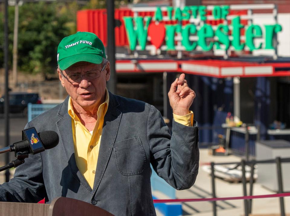 WORCESTER - WooSox chairman and principal owner Larry Lucchino speaks as Summit Street, the final piece of the ballpark design, is opened Monday, September 20, 2021. 