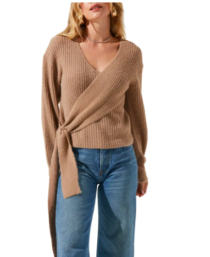 Model wears Ribbed Wrap Front Sweater in tan