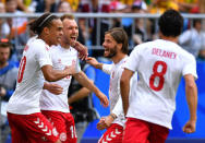 Soccer Football - World Cup - Group C - Denmark vs Australia - Samara Arena, Samara, Russia - June 21, 2018 Denmark's Christian Eriksen celebrates scoring their first goal with team mates REUTERS/Dylan Martinez