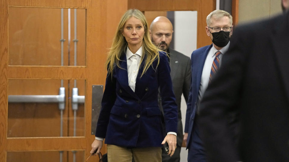 Gwyneth Paltrow walks in to the courtroom before the reading of the verdict in her lawsuit trial, Thursday, March 30, 2023, in Park City, Utah. Paltrow won her court battle over a 2016 ski collision at a posh Utah ski resort after a jury decided Thursday that the movie star wasn’t at fault for the crash. (AP Photo/Rick Bowmer, Pool)