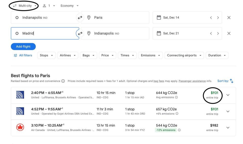 A Google Flights search using the multi-city tool