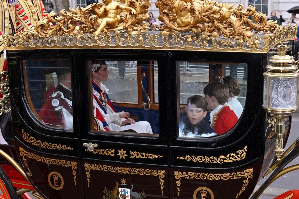 london, england may 06 prince william, prince of wales, catherine, princess of wales, prince louis, prince george and princess charlotte during the coronation of king charles iii and queen camilla on may 06, 2023 in london, england the coronation of charles iii and his wife, camilla, as king and queen of the united kingdom of great britain and northern ireland, and the other commonwealth realms takes place at westminster abbey today charles acceded to the throne on 8 september 2022, upon the death of his mother, elizabeth ii photo by anthony devlingetty images