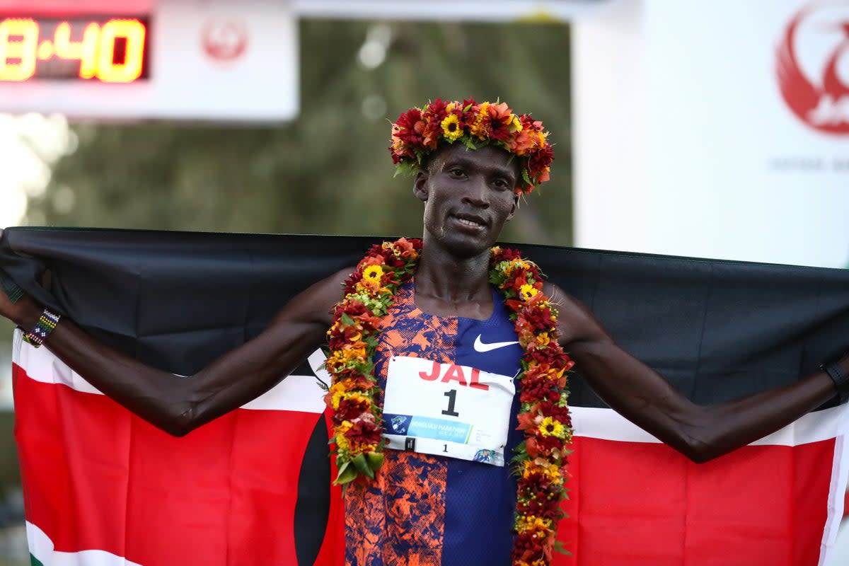 Titus Ekiru celebrates after winning the Honolulu Marathon (Getty Images)