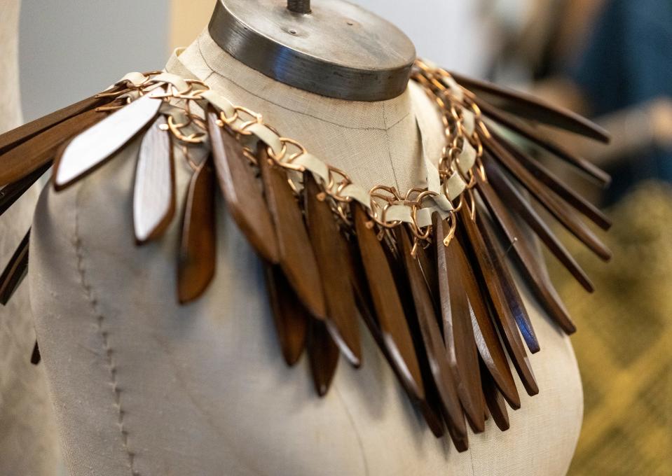 A necklace by jewelry artist Allison Ford at The Harrison Center in downtown Indianapolis, Monday, July 11, 2022, which serves as a studio space and collaboration spot for area artists. 