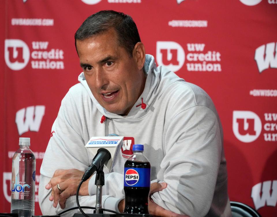 Wisconsin Badgers head coach Luke Fickell answers questions during Wisconsin Badgers football media day at Camp Randall Stadium in Madison on Tuesday, Aug. 1, 2023.