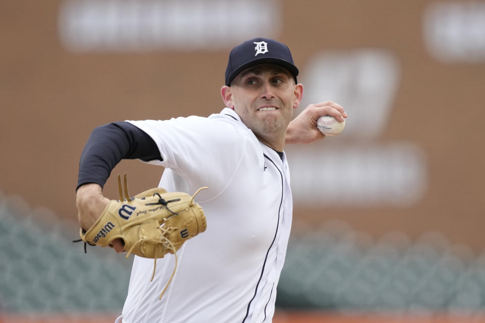 Detroit Tigers starting pitcher Matthew Boyd throws during the third inning in the first game of a baseball doubleheader against the Cleveland Guardians, Tuesday, April 18, 2023, in Detroit. (AP Photo/Carlos Osorio)