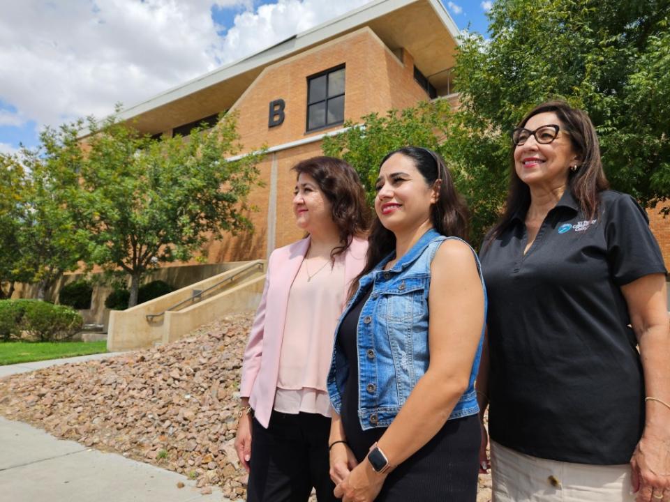 Members of the EPCC Family College leadership team, from left, Sandra Ornelas, counselor; Melissa Sanchez, manager of Children’s College; and Leticia Guerra, director of Continuing Education; stand outside the Valle Verde campus’ B Building where some of the program’s children’s courses will occur. (Daniel Perez / El Paso Matters)