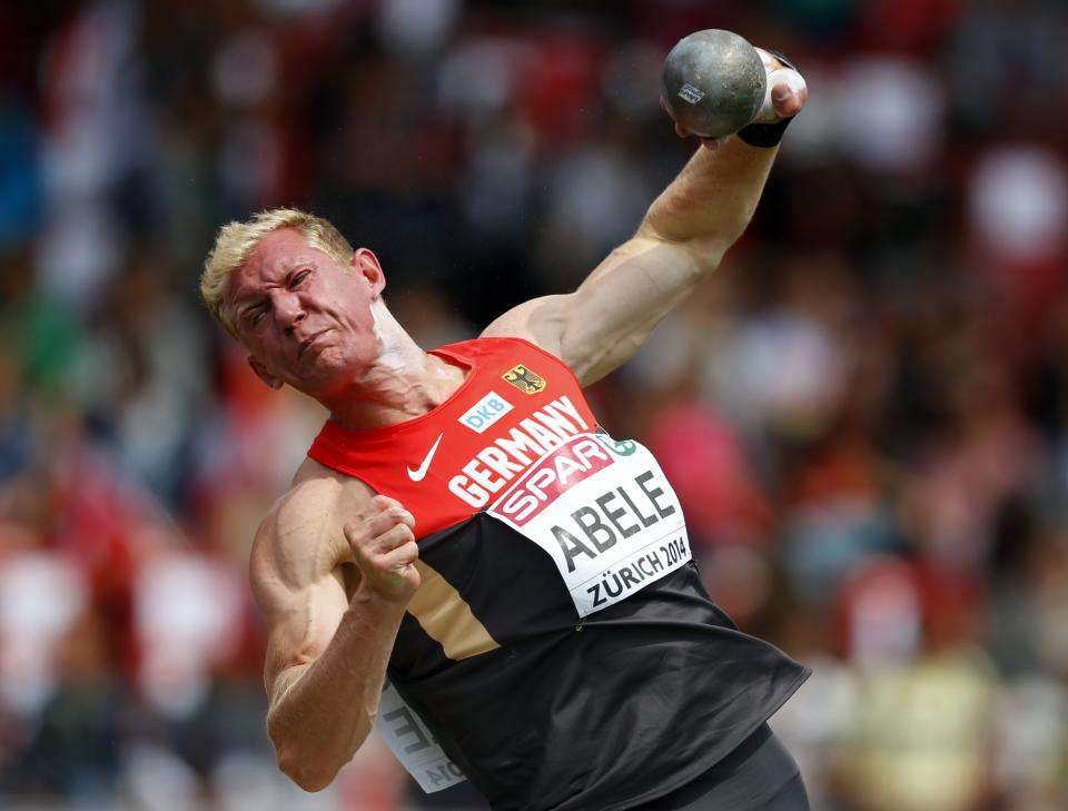 Arthur Abele of Germany competes in the men's shot put decathlon during the European Athletics Championships at the Letzigrund Stadium in Zurich, in this August 12, 2014 file photo. REUTERS/Phil Noble/Files (SWITZERLAND - Tags: TPX IMAGES OF THE DAY SPORT ATHLETICS)