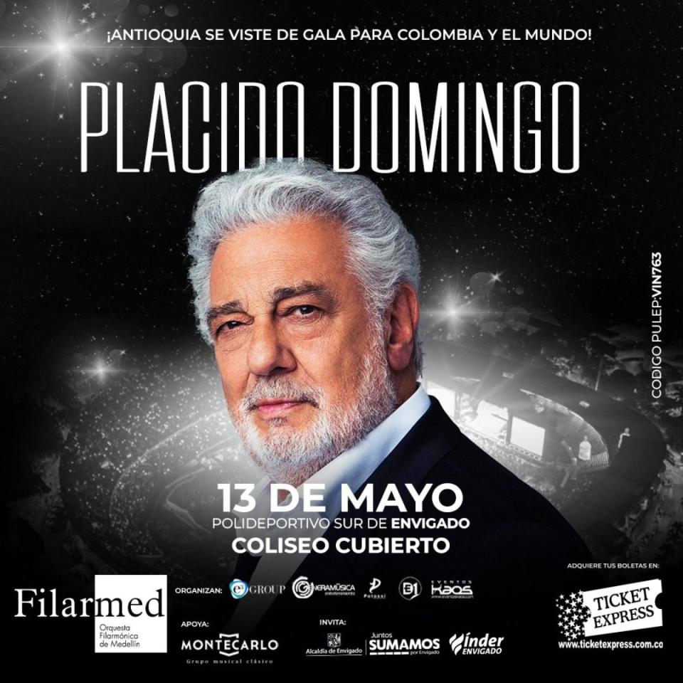 Plácido Domingo en concierto con la Orquesta Filarmónica de Antioquia. Imagen: Cartel oficial del concierto