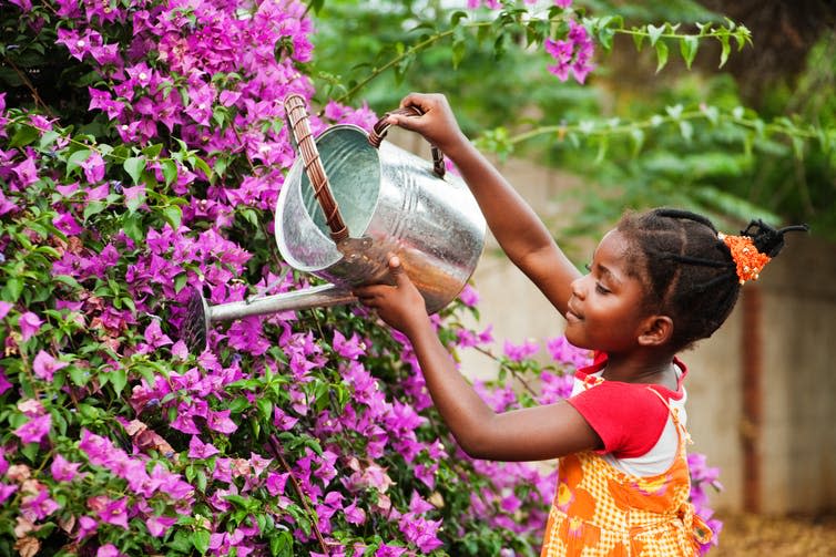 <span class="caption">Gardening can help children to learn how the world works.</span> <span class="attribution"><a class="link " href="https://www.shutterstock.com/image-photo/small-african-girl-working-garden-watering-39032056?src=I10Qb9ul9QkMnawwxpz-qg-1-5" rel="nofollow noopener" target="_blank" data-ylk="slk:Lucian Coman/Shutterstock;elm:context_link;itc:0;sec:content-canvas">Lucian Coman/Shutterstock</a></span>