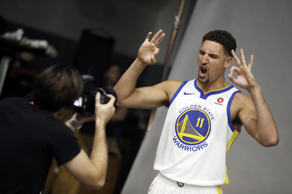 Warriors guard Klay Thompson takes his “great windpipes” for a spin. (AP)